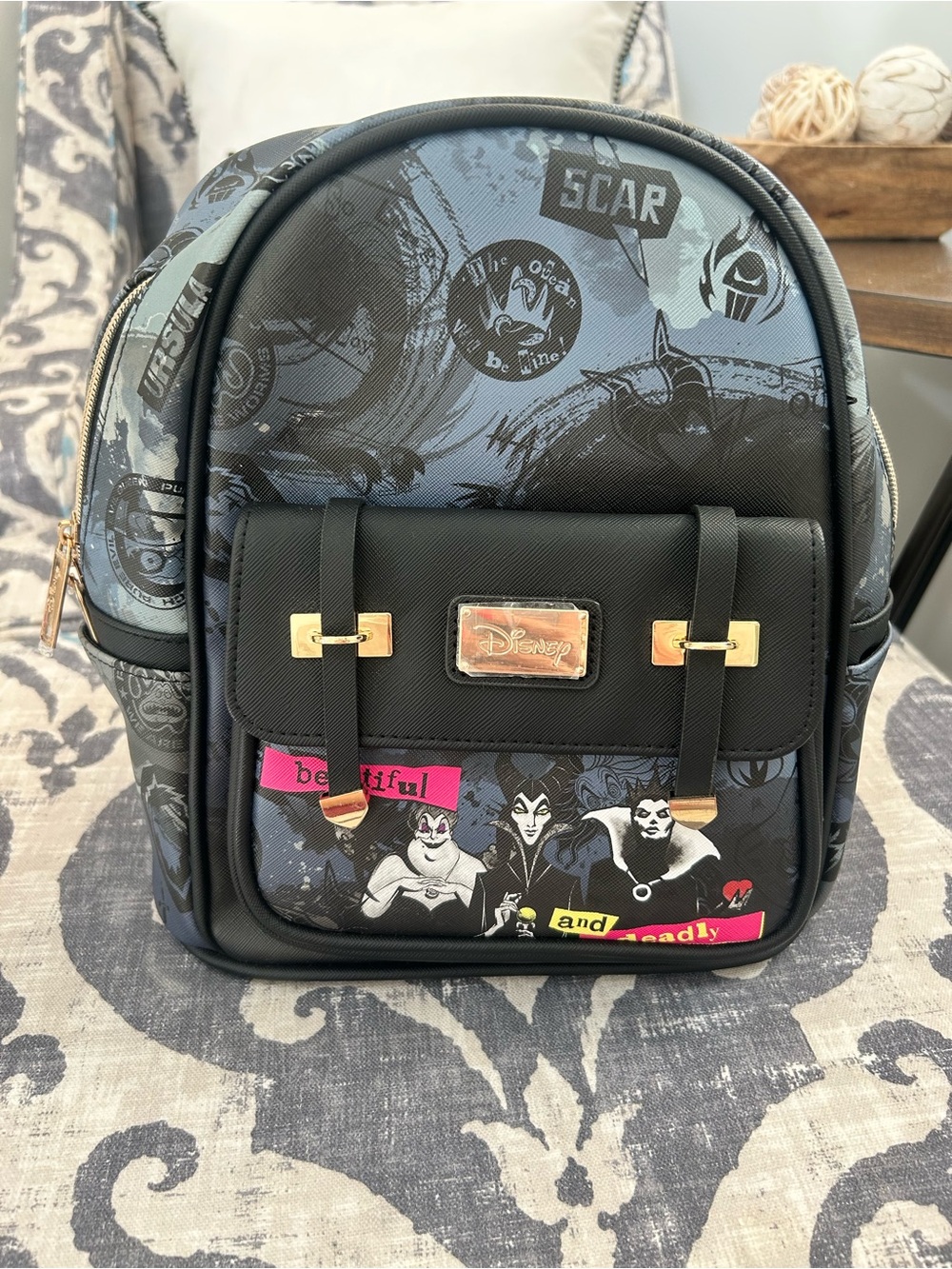 Disney Villains Black and Blue Mini Backpack with Gold Hardware